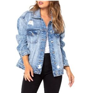 Celebrity Pink Junior's Destructed Boyfriend Jean Jacket (fits as Women’s L/XL)